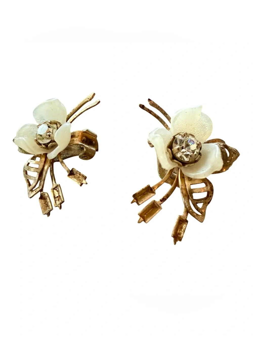 1950’s Bee “Look” Clip On Earrings, Goldtone w/Pearlescant White & Rhinestones